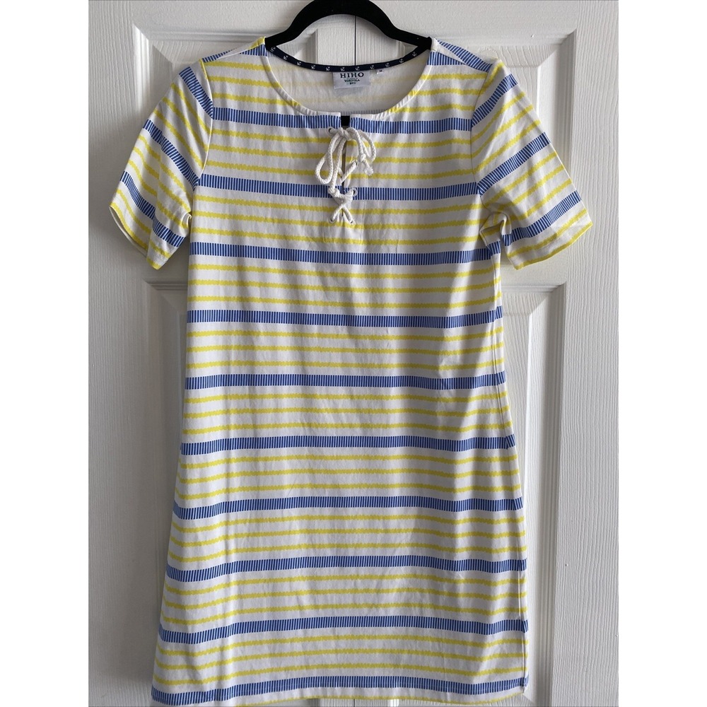 HIHO Striped Lace Up Nautical T-Shirt Dress Size Medium Blue Yellow Cotton Blend